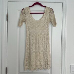 PINS & NEEDLES Ivory Knit Crochet Empire Waist Scoop Neck Midi Slip Dress Cute S